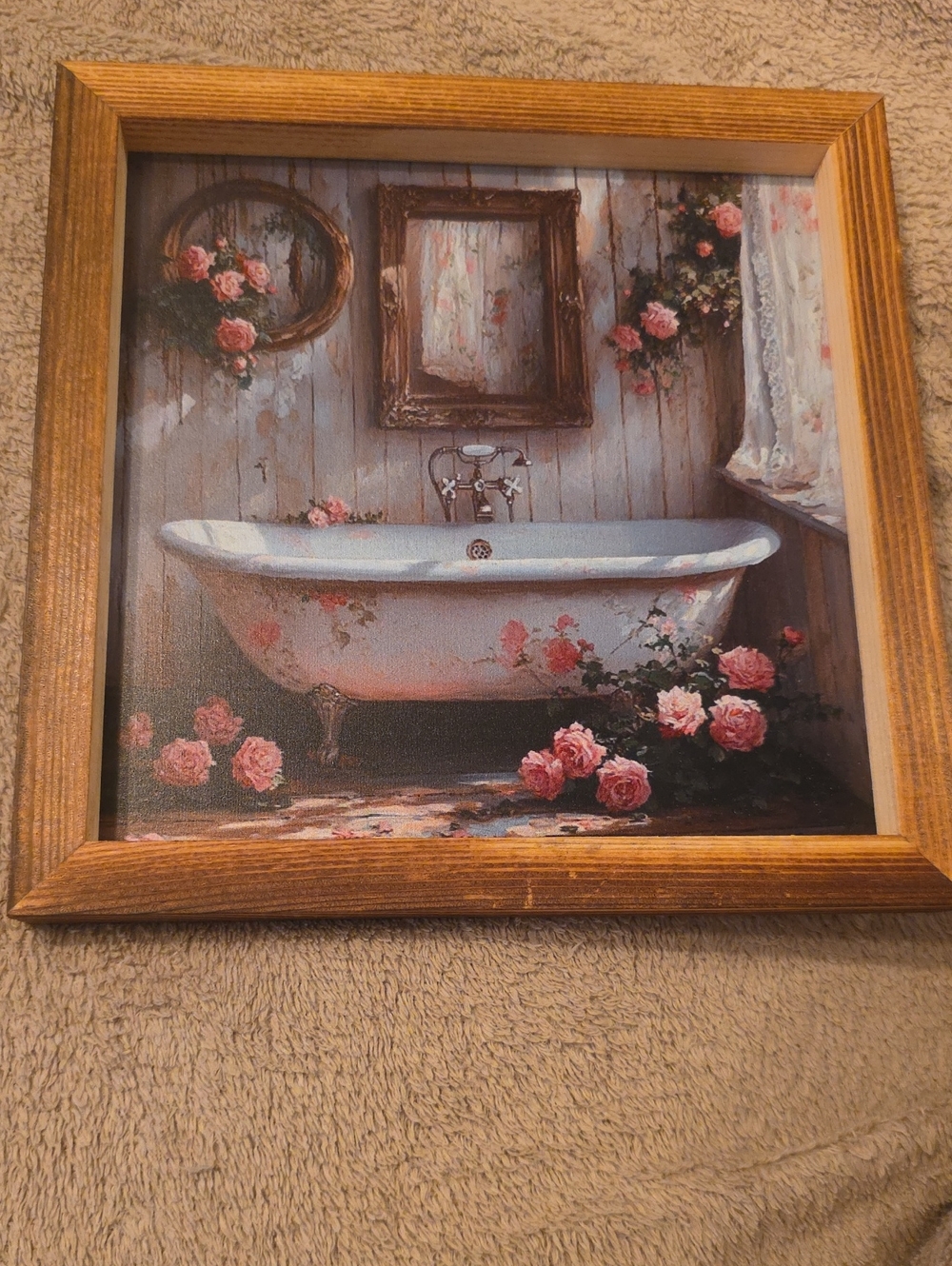 NWOT Vintage Floral Bathtub Wall Art Print in Brown Frame - Pink Rose Accent